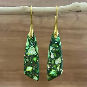 Green Sea Sediment Jasper Women Healing Anxiety Relief Dangle Slab Earrings Gift - Picture 1 of 3
