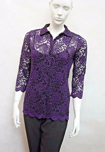 MARKS & SPENCER PER UNA PURPLE BLACK STRETCH FLORAL LACE BLOUSE / SHIRT 12,20 - Foto 1 di 5