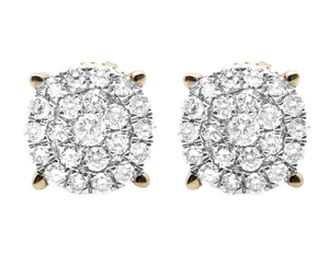 Ladies 10K Yellow Gold Genuine Diamond Round Cluster Studs Earrings 1.0CT 11.5MM - Picture 1 of 5