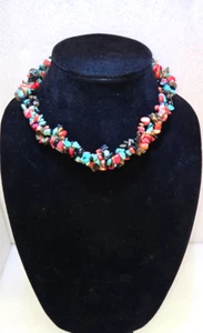 Coral, Tiger Eye, Turquoise Beaded Necklace 3 strand twisted Beautiful - Picture 1 of 6