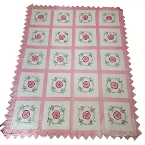 Vintage handgefertigte bestickte Mohnblumen Quilt rosa 75" x 93" - Bild 1 von 12