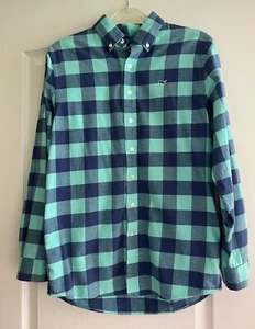 Vineyard Vines Shirt Boys Large 16 Blue Green Plaid Whale Button Down Youth - Picture 1 of 8