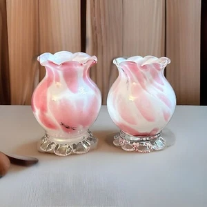Vtg Hand Blown Pink Swirl White Glass Footed Vase Decor Fluted 4.5” T x 3.5” Dia - Picture 1 of 15