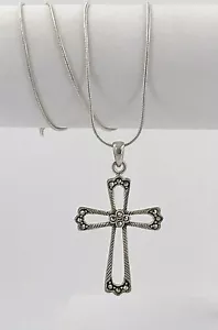 Vintage .925 Sterling Silver & Marcasite Decorative Open Cross Pendant Necklace - Picture 1 of 7