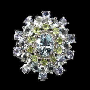 925 Sterling Silver Ring Oval Aquamarine 8x6mm Peridot Tanzanite Jewelry Size 8 - Picture 1 of 9