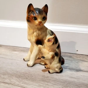 Rare Vintage 5" Mother Cat & Kitten Calico Figurine - Napco Japan? *flaw - Picture 1 of 8