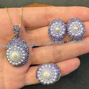 Conjunto de aretes con incrustaciones de perlas barrocas blancas naturales + anillo + collar colgante - Imagen 1 de 4