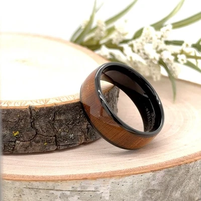 Anillo Unisex Para Regalo Navidad Incrustación Madera Naranja Moda Banda 8mm Tungsteno Negro Foto 1 de 4