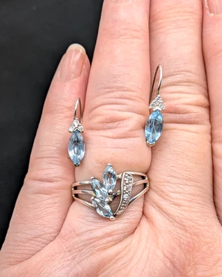 Vintage Sterling Silver Marquise Blue Topaz Ring Sz 7 & Marquise Earrings Set - Image 1 of 4