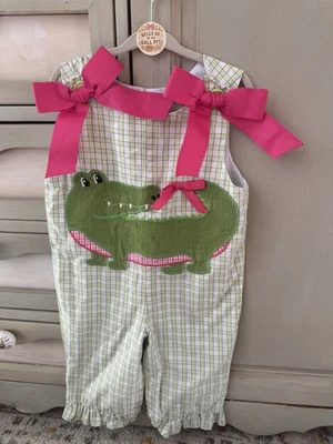 12 Month Girls Green Plaid Romper With Embroidered Alligator And Pink Bows - Image 1 of 4