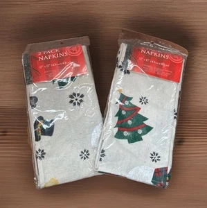 Set 4 tovaglioli natalizi vintage in stoffa pupazzo di neve alberi 17" x 17" look tela - Foto 1 di 8