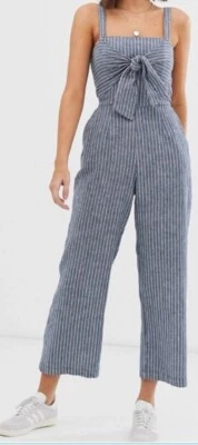Abercrombie & Fitch Sz S Linen/Cotton Blue Pinstripe Cropped Jumpsuit Smocked - Imagem 1 de 4