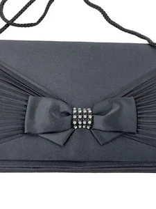 VTG Look Black Handbag Bow & Rhinestones With Mirror Inside 1 Card Slot Pleated - Picture 1 of 8