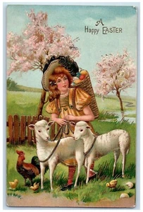 1909 Easter Girl Basket Of Eggs Goat Rooster Chicken Chicks Embossed Postcard - Picture 1 of 2