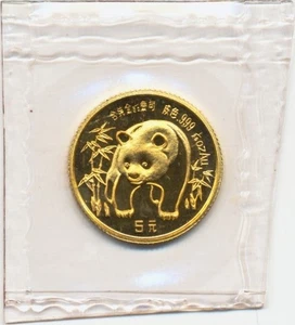 1/20 oz 5 Yuan Goldmünze Panda 1986 BU in Originalfolie, 1819 - Bild 1 von 2