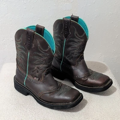 Botas occidentales Justin para niños de cuero marrón turquesa costura talla 6B Foto 1 de 4