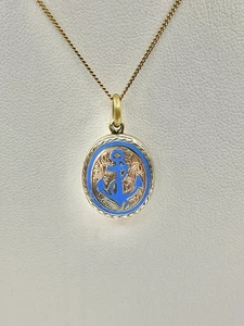 Medallón de luto victoriano Momento Mori esmalte azul claro ancla laminado dorado - Imagen 1 de 13