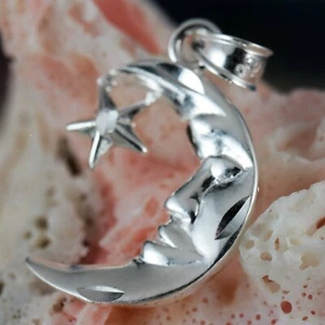 925 moon face pendant Sterling silver crescent  with diamond cut star,  - Picture 1 of 6