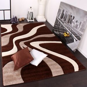 Moderner brauner und cremefarbener Teppich abstraktes Muster Wohnzimmerteppich klein extra groß