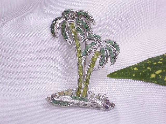 "PALME" ANSTECKER: EDELSTEINE auf METALL: SMARAGD+PERIDOT+ACHAT+AMETHYST:AMERIKA - Bild 1 von 3