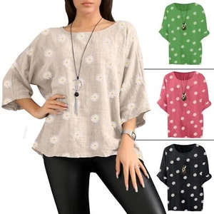 Ladies Italian Daisy Print Lagenlook Plain Lightweight Casual Short Top - Picture 1 of 101