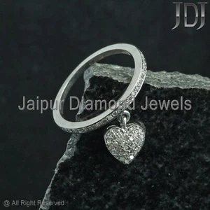 925 Sterling Silver Jewelry Natural Pave Diamond Heart Designer Handmade Ring - Picture 1 of 7