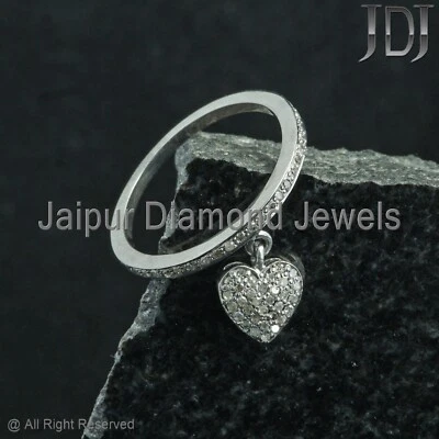 925 Sterling Silver Jewelry Natural Pave Diamond Heart Designer Handmade Ring - Image 1 of 4
