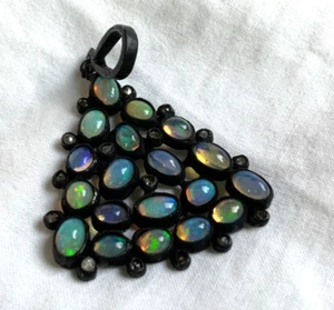 Feueropal Diamant Lünette Set Dreieck 925 Sterling Silber Anhänger oxidiert - Bild 1 von 8