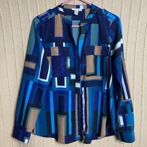 Calvin Klein Camicia Donna Piccola Blu Spalline Patta Tasche Collo Mandarino Geo - Foto 1 di 17