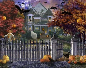 35" Fabric Panel | David Textiles Halloween Haunted House Ghost Scarecrow - Picture 1 of 3