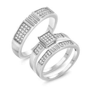 His and Hers 3 Pieces 925 Sterling Silver Zirconia Engagement Wedding Ring Set - Picture 1 of 5