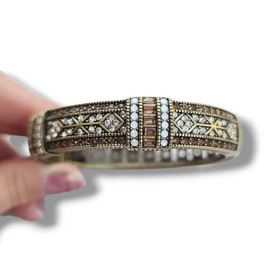 Heidi Daus Bangle Bracelet Hinge Old Gold Bronze White Crystal Age Of elegance  - Image 1 of 4