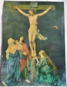 Antique Religious Oil Print The Crucifixion JESUS on Cross Catholic Holy Picture - Picture 1 of 2
