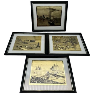 Set of 4 Vintage Framed Gold Foil Etching Art Prints by Lionel Barrymore - Picture 1 of 11
