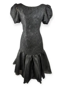Sainte Neige Vintage 80s Dress Black Lace Mermaid Trumpet Satin Shoulder Pad M L - Picture 1 of 5