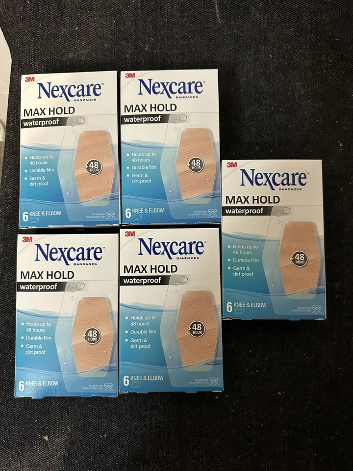 Lote de 5 vendajes impermeables para rodilla y codo Nexcare Max Hold 6 quilates Ea 30 quilates en total Foto 1 de 1
