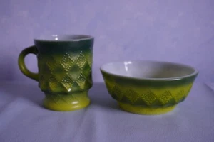 Fire King Kimberly green ombre glass mug cup & soup cereal bowl Anchor Hocking - Picture 1 of 20