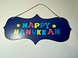 Happy Hanukkah Festival Blue Wood Sign 12" X 7" - Picture 1 of 2