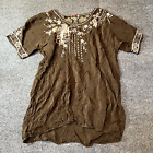 Johnny Was Top Extra Large Embroidered Floral Rayon Shirt Blouse Tunic Brown