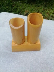 Bamboo Two pen holder Christmas gift Desktop Stationery Organizer Pencil Holde - Picture 1 of 7