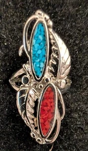 Vintage Turq. & Coral Chip Nickle Silver Woman's Rings Size 6.5 Resin Filled - Picture 1 of 4