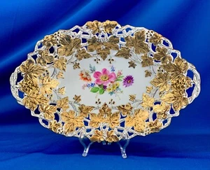 MEISSEN CROSSED SWORDS MARK GOLDEN LEAF & BERRY 12.5"W HANDPAINTED FLORAL BOWL - Picture 1 of 8