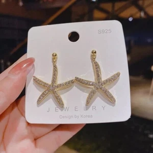 Starfish Earrings, 18K Gold Plated, Crystal Stud Tassel, S925 Silver Needle, 140 - Picture 1 of 2