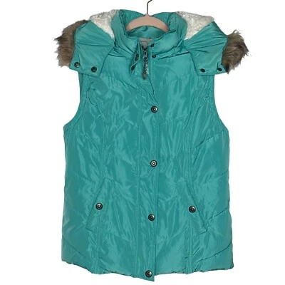 Gorgeous Quilted Puffer Vest Faux Fur Removable Hood Womens M Soft Warm Cozy - Image 1 of 4