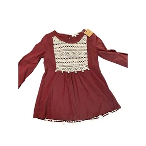Umgee Dark Rust/Brown 3/4 Sleeve Top with Ivory Lace and Pom Poms Size Small - Picture 1 of 8