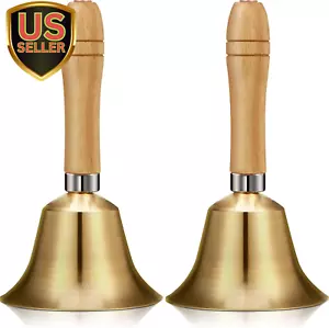 2 Pieces Solid Brass Hand Call Bells with Wooden Handle Handbells Loud Ringin... - Picture 1 of 1