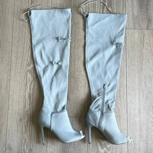 New Women Wild Diva Frayed Denim Peep Toe Over The Knee Stiletto Boot Sz 6.5 - Picture 1 of 8