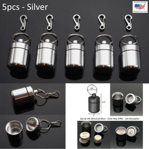 5 PCS Waterproof 1" Wide Pill Container Capsule Bottle Keychain & Clip - Silver - Picture 1 of 6