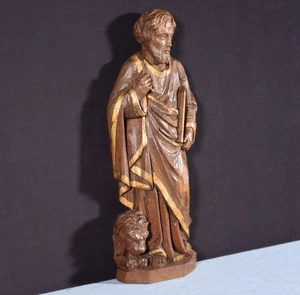 15" Belgian Antique Solid Oak Wood Highly Carved Figure of Saint Jerome & Lion - Picture 1 of 17