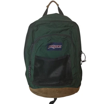 Vintage 90s Jansport Unisex Green Backpack Suede Brown Leather Bottom Bag Pack - Image 1 of 4